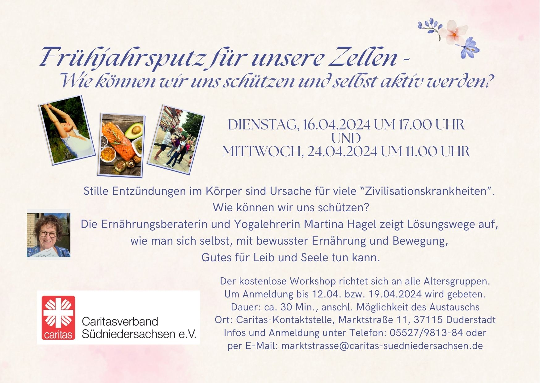 Plakat: Ernährungsberaterin und Yogalehrerin Martina Hagel kommt in die Caritas-Kontaktstelle Duderstadt am 16. April und 24. April.