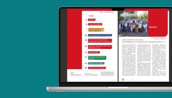 Zwei Seiten des Jahresberichts 2025 auf einem Laptop-Bildschirm
