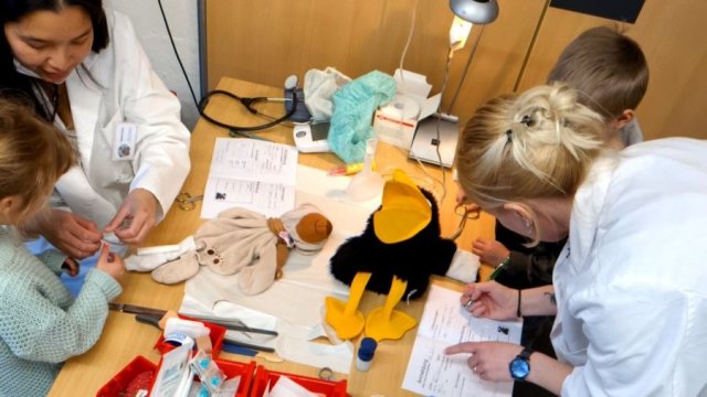Das Foto zeigt die ärztliche Behandlung von zwei Stofftieren.